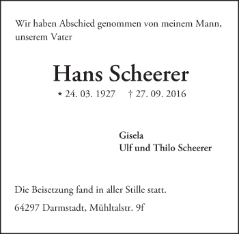 Traueranzeige von Hans Scheerer von Trauerportal Echo Online