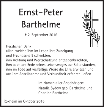 Traueranzeige von Ernst-Peter Barthelme von Trauerportal Rhein Main Presse