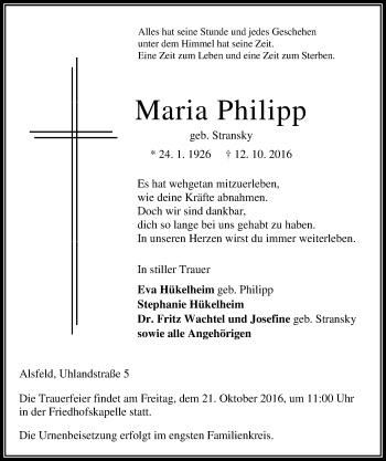 Traueranzeige von Maria Philipp von VRM Trauer