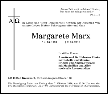 Traueranzeige von Margarete Marx von Trauerportal Rhein Main Presse