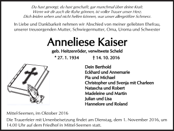 Traueranzeige von Anneliese Kaiser von  Kreisanzeiger