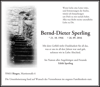 Traueranzeige von Bernd-Dieter Sperling von Trauerportal Rhein Main Presse