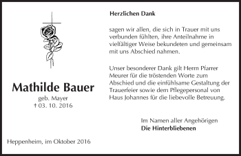 Traueranzeige von Mathilde Bauer von Trauerportal Echo Online