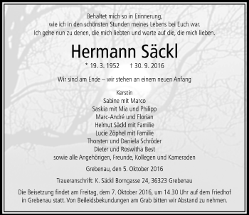 Traueranzeige von Hermann Säckl von VRM Trauer