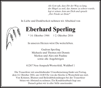 Traueranzeige von Eberhard Sperling von  Usinger Anzeiger