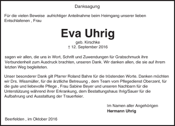 Traueranzeige von Eva Uhrig von Trauerportal Echo Online