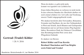 Traueranzeige von Gertrud Köhler von Trauerportal Rhein Main Presse