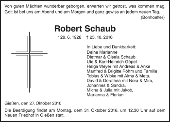 Traueranzeige von Robert Schaub von  Gießener Anzeiger