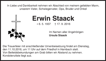 Traueranzeige von Erwin Staack von Trauerportal Echo Online
