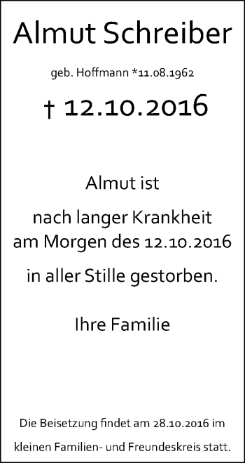 Traueranzeige von Almut Schreiber von Trauerportal Rhein Main Presse