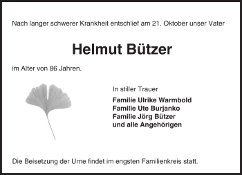 Traueranzeige von Helmut Bützer von Trauerportal Echo Online