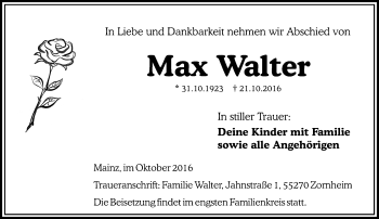Traueranzeige von Max Walter von Trauerportal Rhein Main Presse