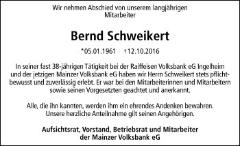 Traueranzeige von Bernd Schweikert von Trauerportal Rhein Main Presse