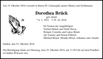 Traueranzeige von Dorothea Brück von  Gießener Anzeiger
