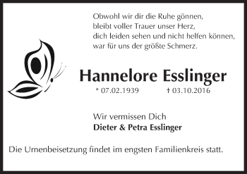 Traueranzeige von Hannelore Esslinger von Trauerportal Rhein Main Presse