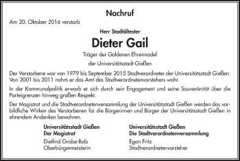 Traueranzeige von Dieter Gail von  Gießener Anzeiger