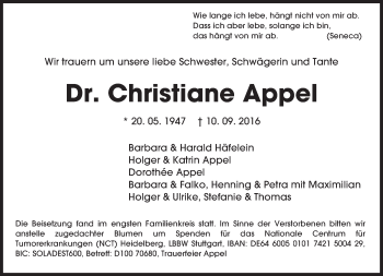 Traueranzeige von Christiane Appel von Trauerportal Echo Online