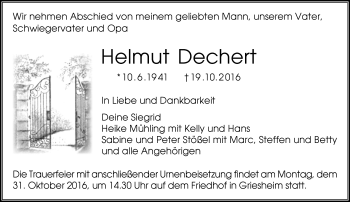 Traueranzeige von Helmut Dechert von Trauerportal Echo Online