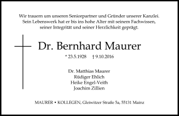 Traueranzeige von Bernhard Maurer von Trauerportal Rhein Main Presse