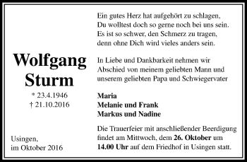Traueranzeige von Wolfgang Sturm von  Usinger Anzeiger