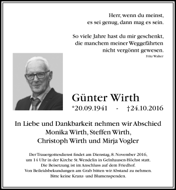 Traueranzeige von Günter Wirth von  Gelnhäuser Tageblatt