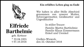 Traueranzeige von Elfriede Barthelmie von  Gießener Anzeiger