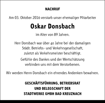 Traueranzeige von Oskar Donsbach von Trauerportal Rhein Main Presse