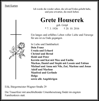 Traueranzeige von Grete Houserek von VRM Trauer