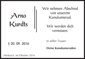 Traueranzeige von Arno Kurdts von  Kreisanzeiger