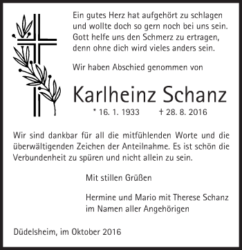 Traueranzeige von Karlheinz Schanz von  Kreisanzeiger