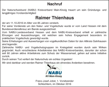 Traueranzeige von Raimer Thienhaus von  Gelnhäuser Tageblatt