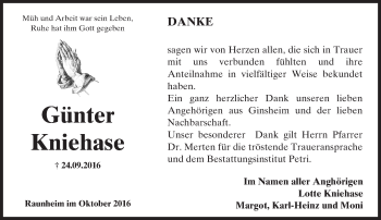 Traueranzeige von Günter Kniehase von Trauerportal Rhein Main Presse