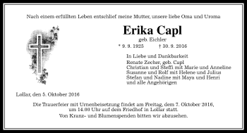 Traueranzeige von Erika Capl von  Gießener Anzeiger