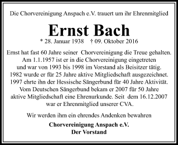 Traueranzeige von Ernst Bach von  Usinger Anzeiger