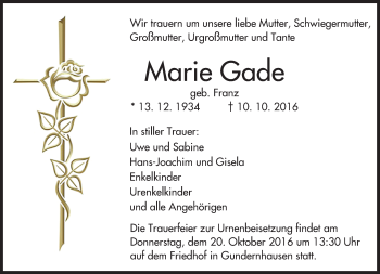 Traueranzeige von Marie Gade von Trauerportal Echo Online