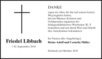 Traueranzeige von Friedel Libbach von Trauerportal Rhein Main Presse