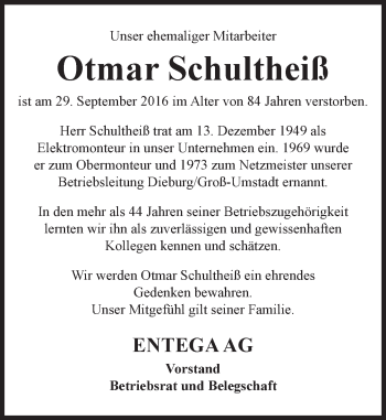 Traueranzeige von Otmar Schultheiß von Trauerportal Echo Online