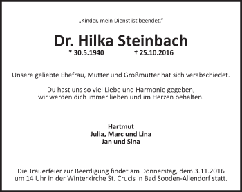 Traueranzeige von Hilka Steinbach von Trauerportal Rhein Main Presse
