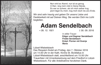 Traueranzeige von Adam Sendelbach von Trauerportal Echo Online
