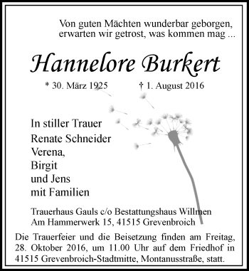 Traueranzeige von Hannelore Burkert von Trauerportal Rhein Main Presse