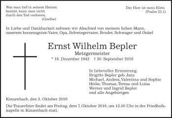 Traueranzeige von Ernst Wilhelm Bepler von  Gießener Anzeiger
