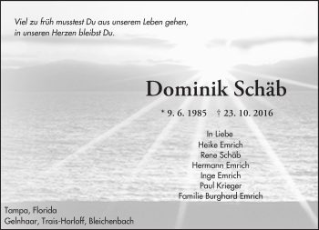 Traueranzeige von Dominik Schäb von  Kreisanzeiger
