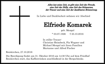 Traueranzeige von Elfriede Komarek von  Gießener Anzeiger
