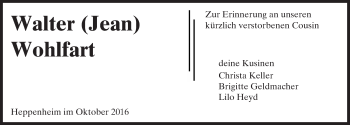 Traueranzeige von Walter Wohlfart von Trauerportal Rhein Main Presse