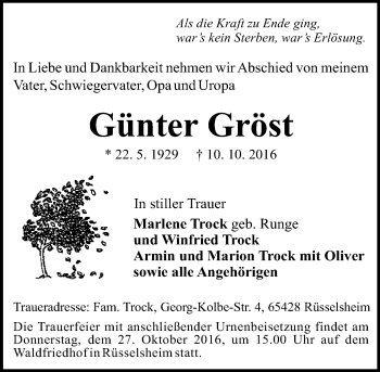 Traueranzeige von Günter Gröst von Trauerportal Rhein Main Presse