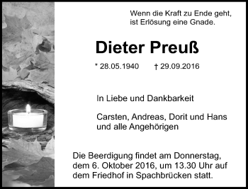 Traueranzeige von Dieter Preuß von Trauerportal Echo Online