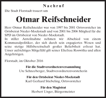 Traueranzeige von Otmar Reifschneider von  Kreisanzeiger