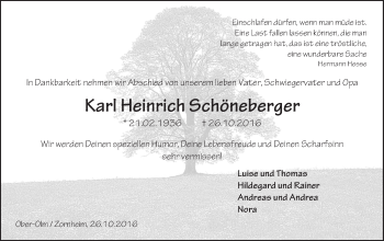 Traueranzeige von Karl Heinrich Schöneberger von Trauerportal Rhein Main Presse