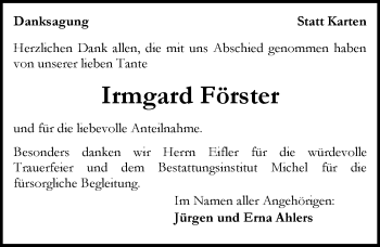 Traueranzeige von Irmgard Förster von Trauerportal Rhein Main Presse