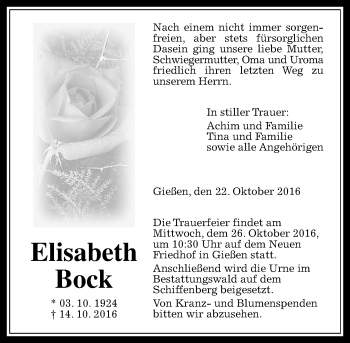 Traueranzeige von Elisabeth Bock von  Gießener Anzeiger